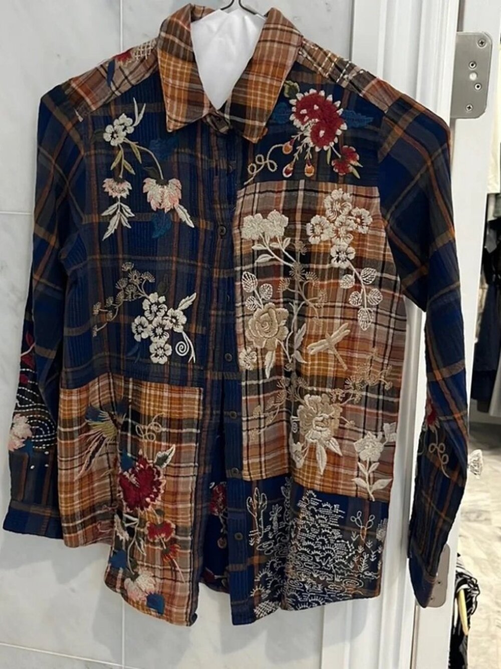 Johnny Was Embroidered Patchwork Button Down Shirt